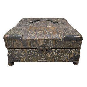 Antique Victorian Embossed Metal Storage Jewelry Box Mythological Hinged 5.5"